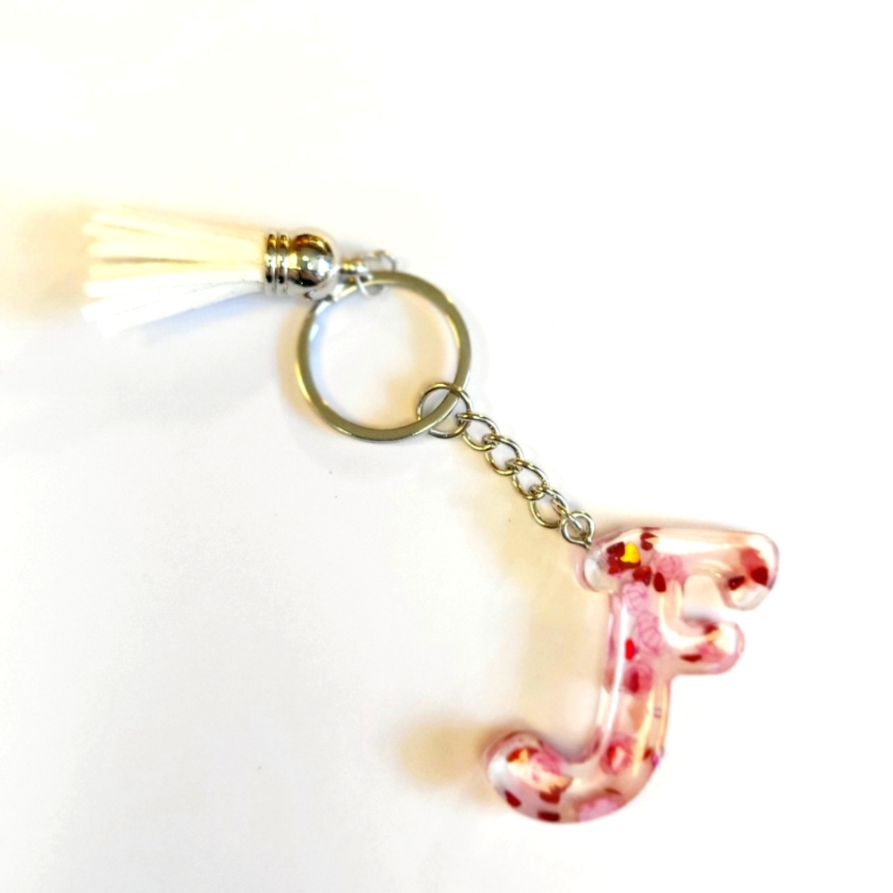 Personalized Resin Letter F Pink Floral Heart Keychain